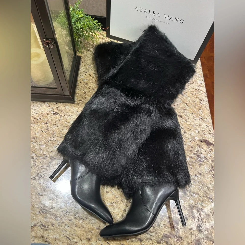 AZALEA WANG Langleye Black Faux Fur Over The Knee Stiletto Boots 6.5